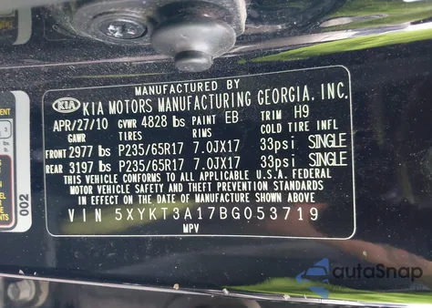 2011 Kia Sorento Lx from USA, damaged, VIN 5XYKT3A17BG053719